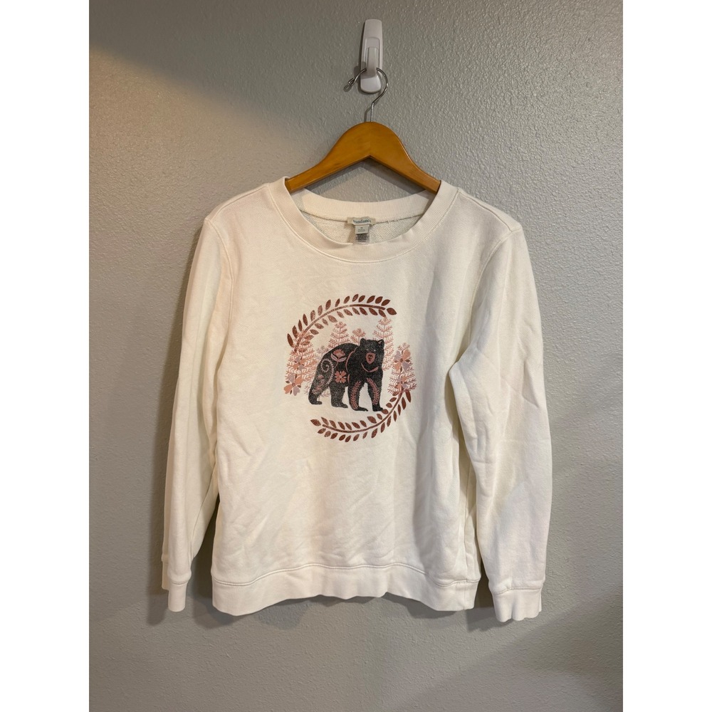 Sundance Bear Graphic Sweatshirt Women Size M Cream Cotton Folk Art Floral